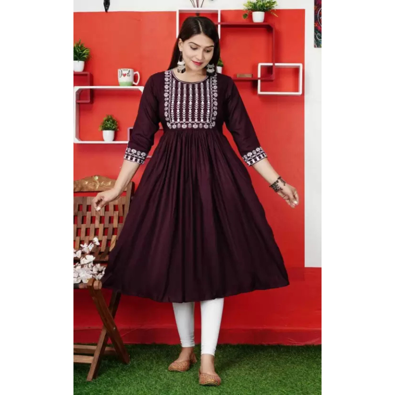 Women Embroidered Viscose Rayon Anarkali Kurta (Brown)
