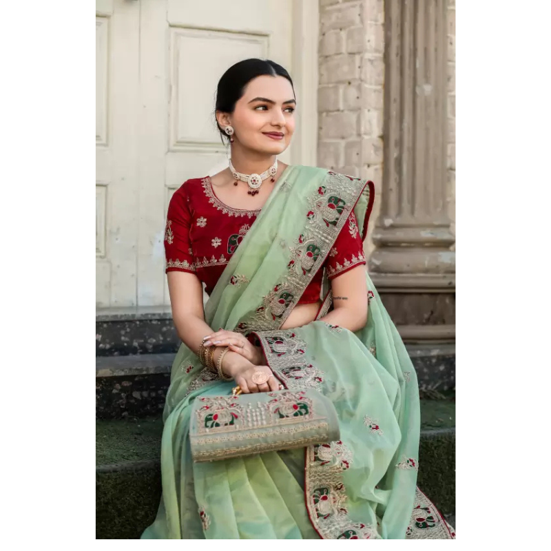 Embroidered Baluchari Organza Saree